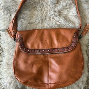 Brown Leather Studded Shoulder Bag